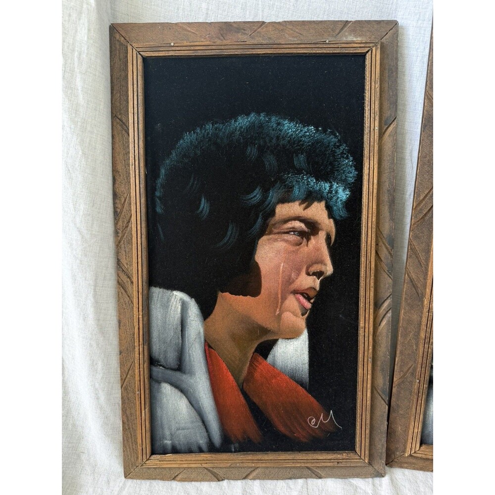 1970s Vintage Crying Elvis Black Velvet Painting Wood Framed Presley rock n roll